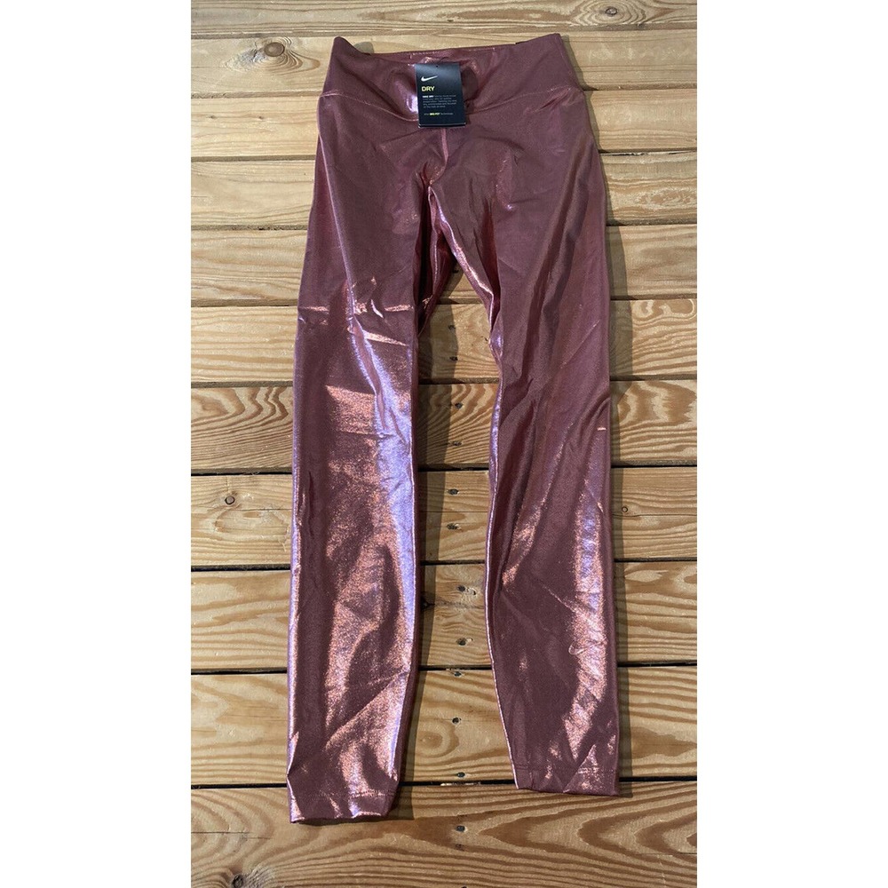 NWT Nike Dri Fit Metallic Leggings Size Small Women’s Pink Mid Rise MSRP $85